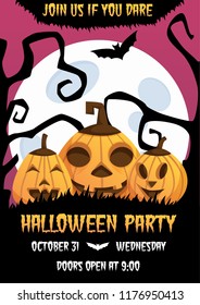 Happy halloween invitation poster with laughing pumpkin heads and scary trees on background. trick or treat. big moon and bat.  Greeting card .scary  party flyer spooky  banner for celebrating holiday