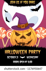 Happy halloween invitation poster with witch pumpkin head and candies on background. trick or treat.  Greeting card .scary  party flyer. spooky  banner for celebrating holiday. 