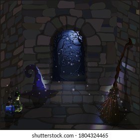 Happy Halloween invitation vip card. Stone witch house, preparation for the witch flying on a broom. vector illustration
