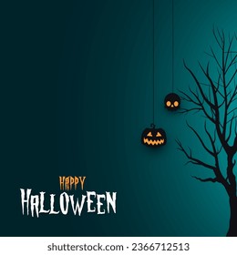 Happy halloween invitation or wish card background illustration with hanging pumpkin and halloween tree