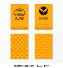 Happy halloween invitations set templates with bats moon pumkin cross candies. Night party design for banner, invitation, menu, greeting card, flyer, poster templates. Vector illustration 31 october