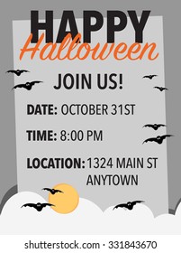 Happy halloween invite with ghost, bats, and moon