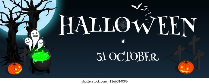 happy halloween isometric cauldron pumkin banner vector  