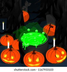 happy halloween isometric cauldron pumkin vector  