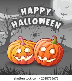 Happy halloween. Jack lanterns. Cartoon characters. Glowing pumpkins with toothy smiles. Night dark background with moon, bats, tree, tombstones and crosses. Greeting card. Stylized festive text title