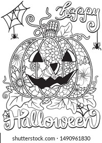 Happy Halloween Jack O’ Lanterns with flower, spider and pumpkins elements. Hand drawn lines. Doodles art for greeting cards, invitation or poster. Coloring book for adult and kids.