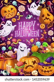 Happy Halloween, Jack lanterns and ghosts, trick or treat. Vector warm and spider, bat and witch hat, lollipop and cane candy, jelly and marmalade. Chocolate and cookies, cupcake and candle, skull