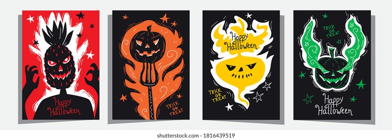 Happy Halloween Jack o lantern invitation greetings cards set with head of pineapple, traditional pumpkin and turnip. Duo tone color template, good for typography print, flyer, card, poster. Vector