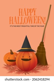 happy halloween jack o lantern and broom greetings design template vector, illustration