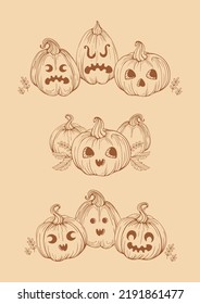 happy halloween. Jack o lantern. A set of vintage pumpkins with funny, frightening and cheerful faces, autumn leaves, stars. For stickers, posters, postcards, design elements