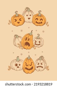 happy halloween. Jack o lantern. A set of vintage pumpkins with funny, frightening and cheerful faces, autumn leaves, stars. For stickers, posters, postcards, design elements