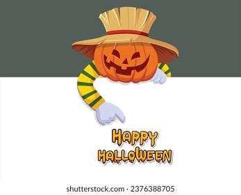 Happy halloween Jack o Lantern Pumpkin cartoon character above a sign pointing at it. Use the product for printing