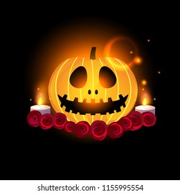 Happy Halloween. Jack pumpkin lantern and candles glowing. Vector illustration on a black background.