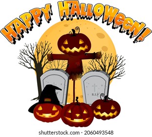 Happy Halloween with Jack-o'-lantern at graveyard illustration
