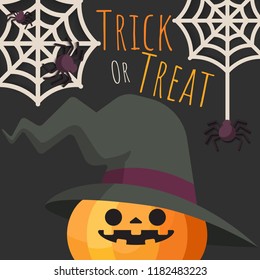 Happy Halloween. Jack-o-lantern pumpkin wearing halloween witch hat costumed with spiders and webs around. Cute cartoon character. Vector illustration.