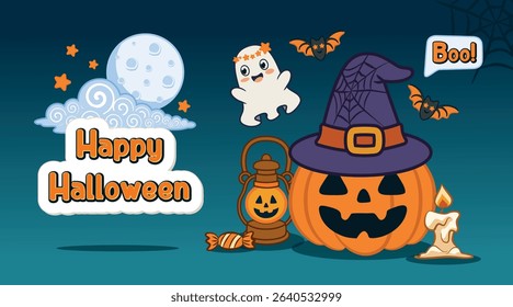 Happy Halloween with Jack-o'-lantern, pumpkin in witch hat, ghost and bats. Banner on Halloween theme