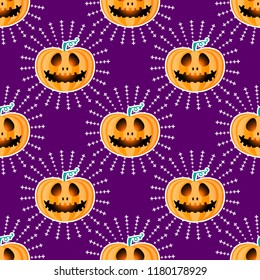 Happy Halloween jackolantern seamless pattern. Jack lantern with rays. Vector illustration isolated on purple background. Retro style.