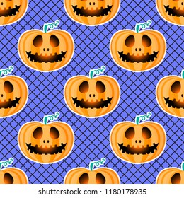 Happy Halloween jackolantern seamless pattern. Jack lantern with black fishnet tights. Fashion style. Vector illustration isolated on blue background.