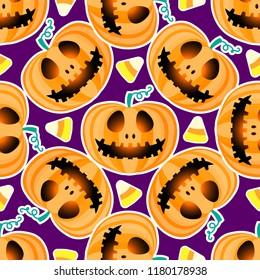 Happy Halloween jackolantern seamless pattern. Jack lantern The carved face. Vector illustration isolated on purple background.