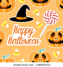 Happy Halloween jackolantern seamless pattern. Jack lantern with easy and Candy corn. Vector illustration isolated on orange background. Retro style.