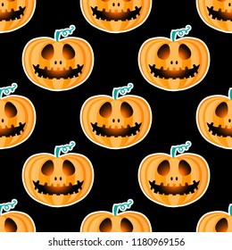 Happy Halloween jackolantern seamless pattern. Jack lantern with easy. Vector illustration isolated on black background. Retro style.