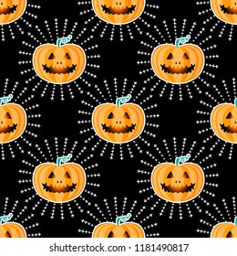 Happy Halloween jackolantern seamless pattern. Jack lantern with rays. Vector illustration isolated on black background. Retro style.