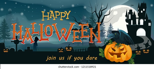 Happy Halloween, join us if you dare banner design. Pumpkin lanterns, crow, gothic castle, graves, Grim Reaper night silhouettes. Template can be used for flyers, posters, invitation cards