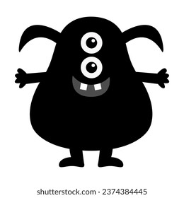 Happy Halloween. Kawaii monster. Cute smiling face head with horns, teeth. Black silhouette monsters. Cartoon funny kids boo baby character. T-shirt design. Flat design. White background. Vector