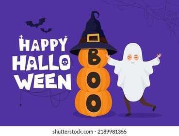 Happy Halloween. Kid character dressed as a ghost cotume. Pumpkins with text boo. Vector illustration.