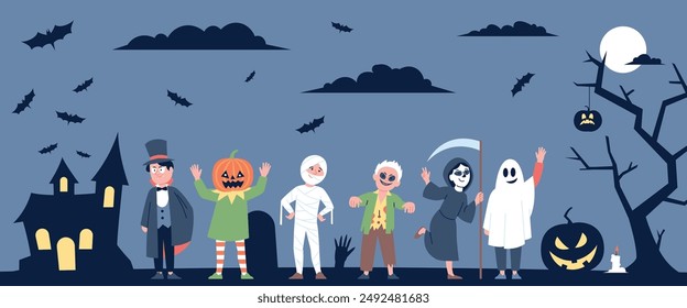 Happy halloween kids banner. Children in costumes ghost vampire death zombie mummy stand on spooky cemetery or in dark forest, recent vector scene