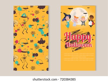 Happy Halloween kids character vector concept. Two sides poster. Cute Halloween kids set. Vector Illustration. - stock vector