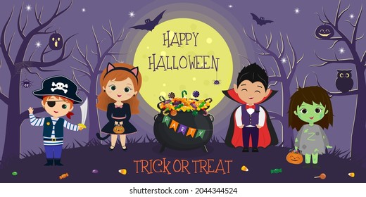 Happy Halloween. Halloween kids characters in different costumes on the background of the full moon and trees at night. Cartoon, vector