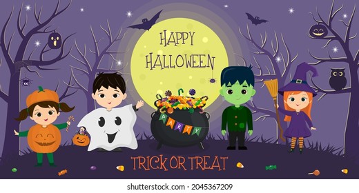 Happy Halloween. Halloween kids characters in different costumes on the background of the full moon and trees at night. Cartoon, vector