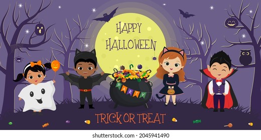 Happy Halloween. Halloween kids characters in different costumes on the background of the full moon and trees at night. Cartoon, vector