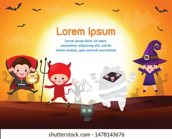 Happy Halloween Kids Costume Party. Group of children in Halloween cosplay. Template for advertising brochure. Happy Halloween party poster and theme design background Vector Illustration