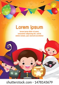 Happy Halloween Kids Costume Party. Group of children in Halloween cosplay. Template for advertising brochure. Happy Halloween party poster and theme design background Vector Illustration