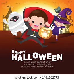 Happy Halloween Kids Costume Party. Group of children in Halloween cosplay. Template for advertising brochure. Happy Halloween party poster and theme design background Vector Illustration