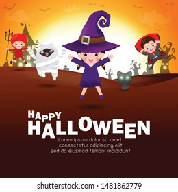 Happy Halloween Kids Costume Party. Group of children in Halloween cosplay. Template for advertising brochure. Happy Halloween party poster and theme design background Vector Illustration