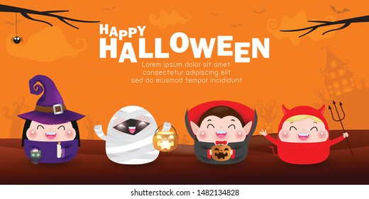 Happy Halloween Kids Costume Party. Group of children in Halloween cosplay. Template for advertising brochure. Happy Halloween party poster and theme design background Vector Illustration