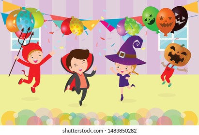 Happy Halloween Kids Costume Party. Group of children in Halloween cosplay. Template for advertising brochure. Happy Halloween party poster and theme design background Vector Illustration