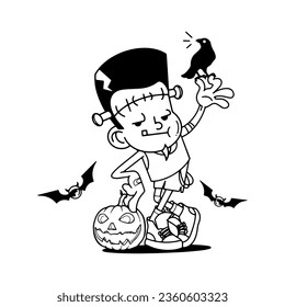 Happy Halloween! Halloween Kids Costume Party. Frankenstein, vector illustration