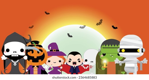Happy Halloween! Halloween Kids Costume Party. Group of kids in Halloween costume. Halloween cute character monster set against full moon light. Vector illustration.
