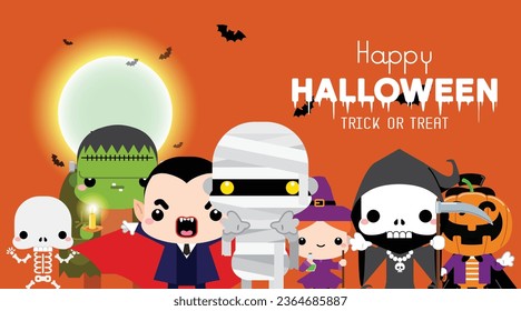 Happy Halloween! Halloween Kids Costume Party. Group of kids in Halloween costume. Halloween cute character monster set against full moon light. Vector illustration.