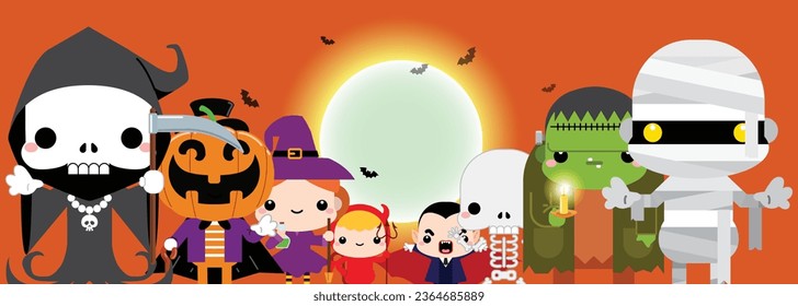 Happy Halloween! Halloween Kids Costume Party. Group of kids in Halloween costume. Halloween cute character monster set against full moon light. Vector illustration.