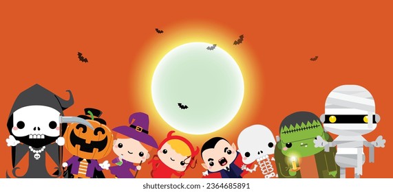 Happy Halloween! Halloween Kids Costume Party. Group of kids in Halloween costume. Halloween cute character monster set against full moon light. Vector illustration.