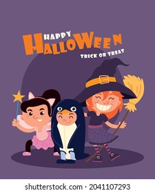 happy halloween, kids with costumes