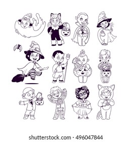 Happy Halloween. Kids in Halloween Costumes. Halloween Coloring Book. Illustration for children vector cartoon characters isolated on white background.
