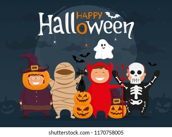 Happy halloween with kids in costumes. Mummy, ghost, skeleton, devil, pumpkin and black cat cartoon character. Vector illustration.