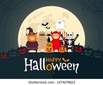 Happy Halloween kids in costumes. Mummy, ghost, skeleton, devil, pumpkin and black cat cartoon characters on the moonlight background. Vector illustration.