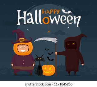 Happy Halloween. Kids in costumes. Night background with moon. Vector illustration.
